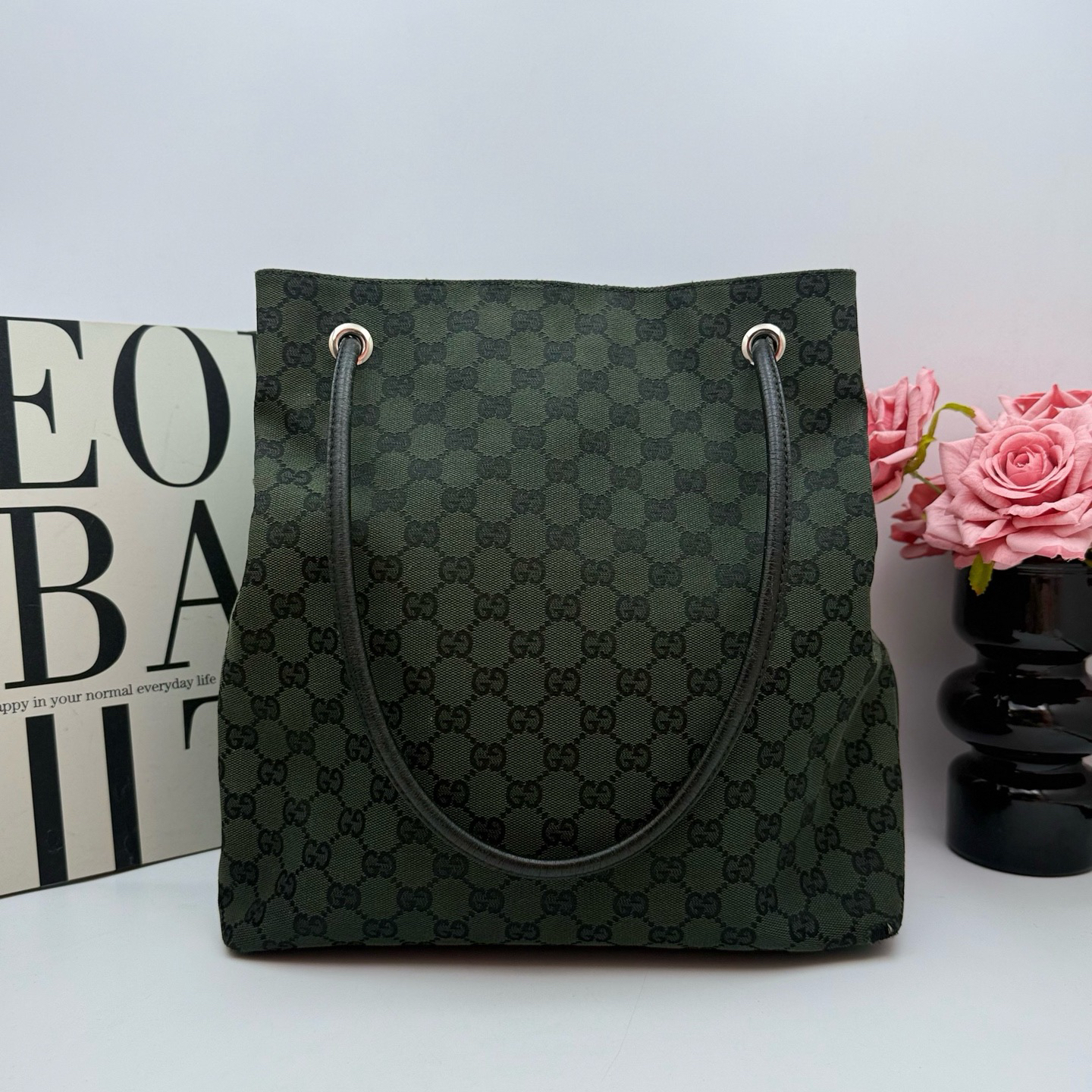 95新 GUCCI/古驰 古驰/Gucci xy 7180 绿色帆布手提包33x28