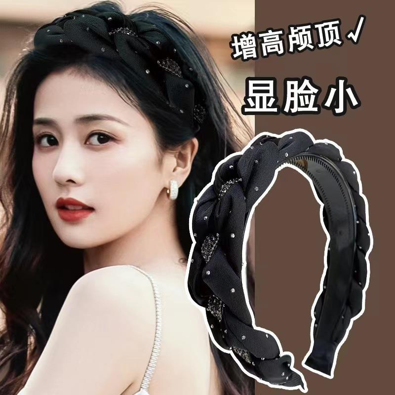 新疆包邮钻条缎面麻花辫发箍网红气质宽边高颅顶满天星水钻发箍
