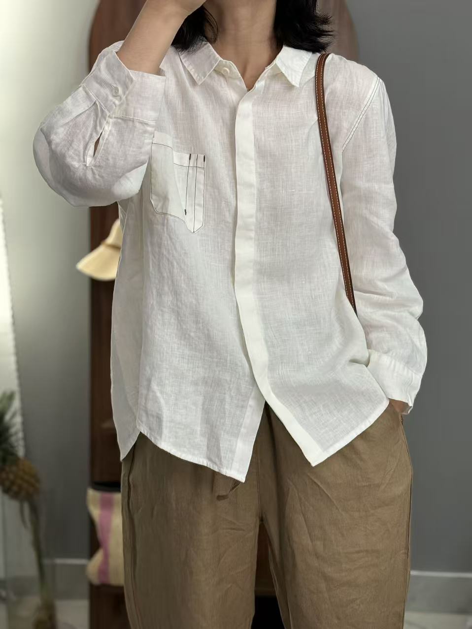 【四季春】通用百搭轻职风纱麻撞色衬衫春季上衣衬衣时尚