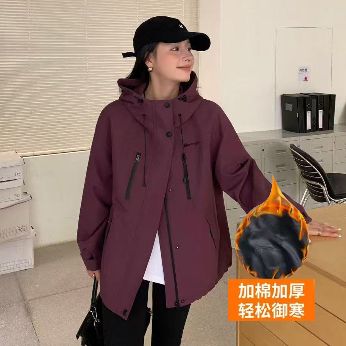 大码女装秋装新款风衣外套胖妹妹中长款连帽工装冲锋衣宽松收腰