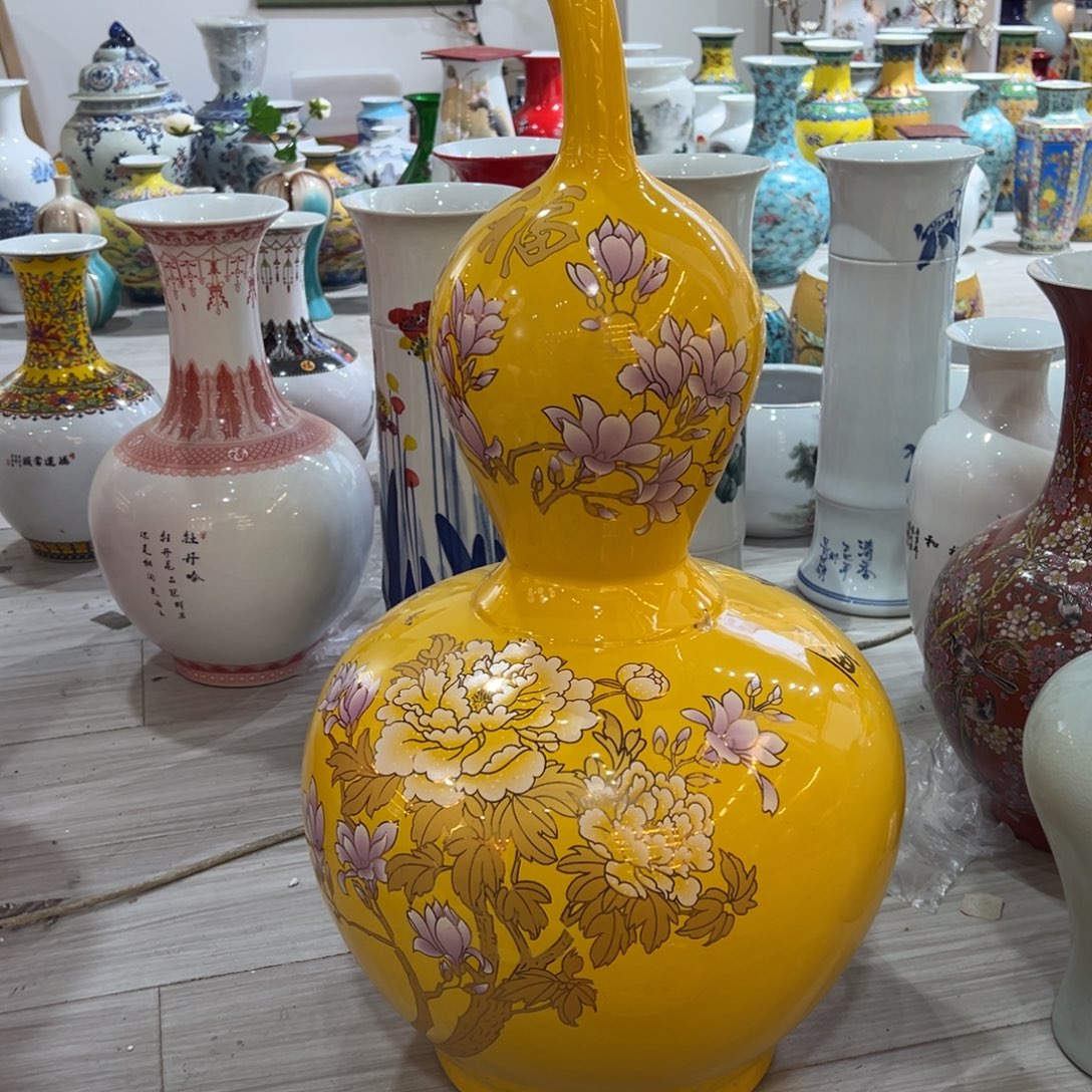 陶摆件70cm黄色带把花开富贵葫芦