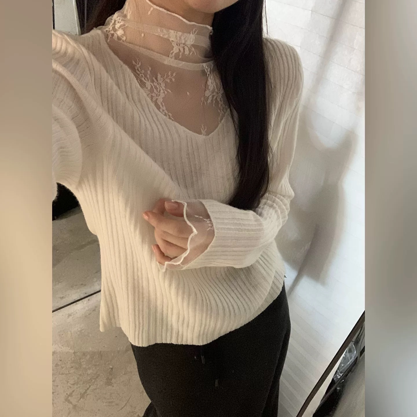 QIANRH-1624修身型慵懒风针织女人显瘦百搭毛衣蕾丝针织衫