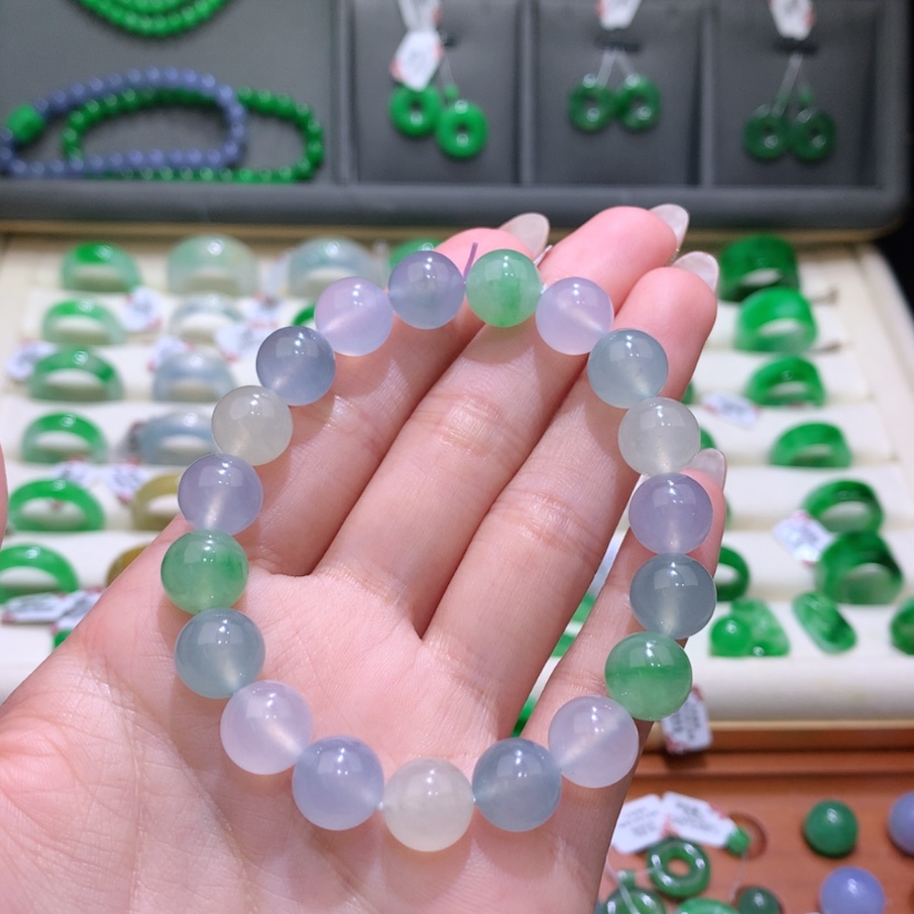 【闪购商品】未镶嵌戒指翡翠卡10mm高冰种水玛卡龙手链