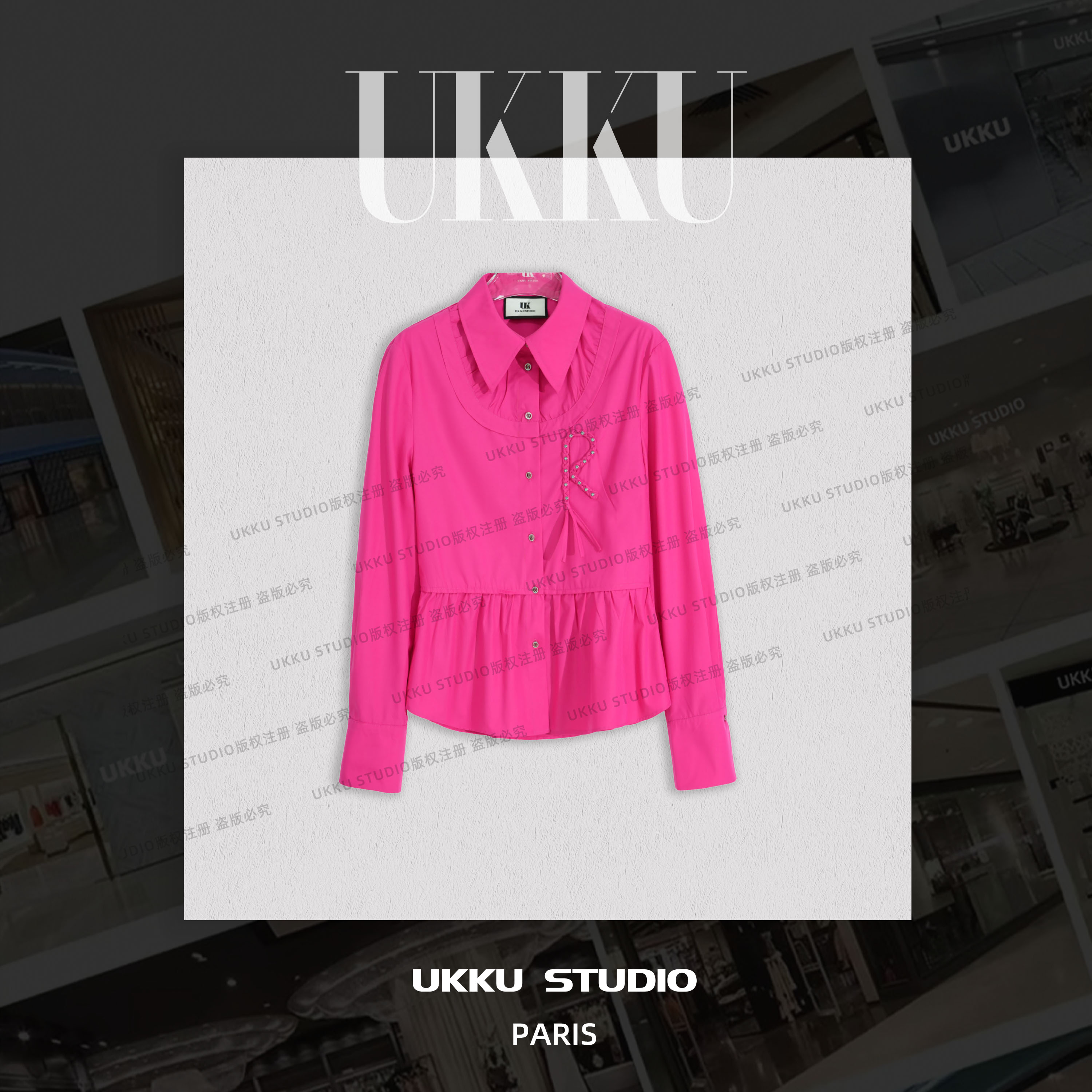 ZX【UKKUSTUDIO】条纹成人衬衫袖长袖衬衫翻领牛仔风614418