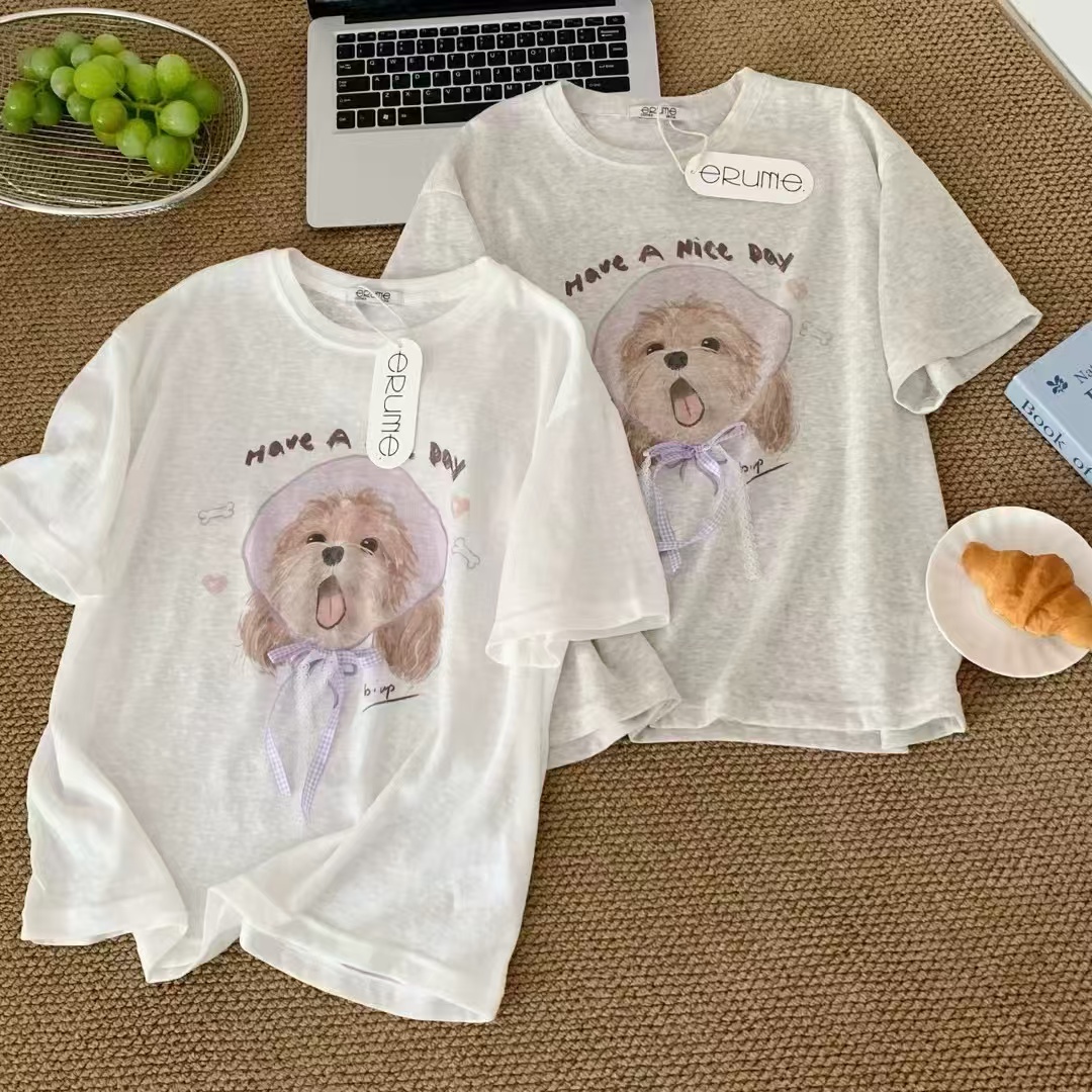 JIEJIE-【吐舌头巾狗狗】圆领百搭蝴蝶结T恤