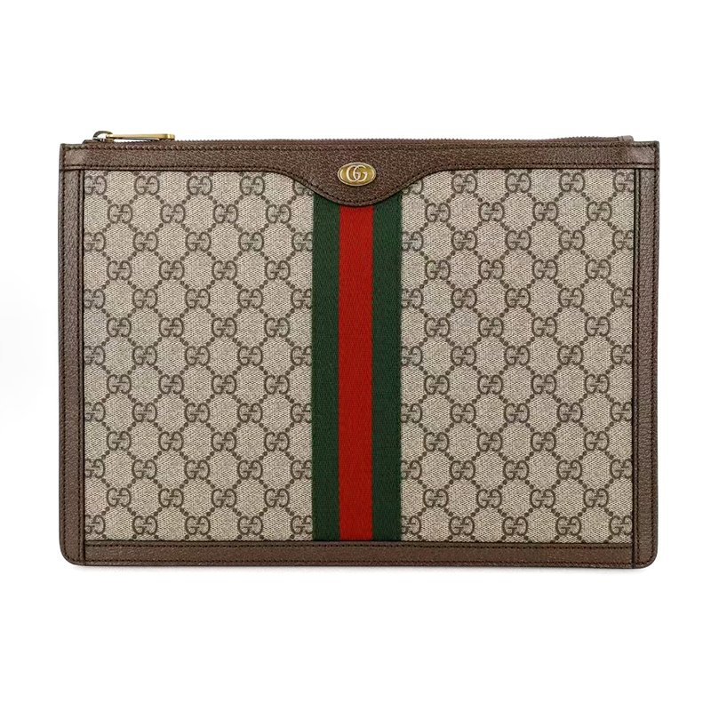99新 GUCCI/古驰 Ophidia老花Logo条纹织带乌木色手拿包