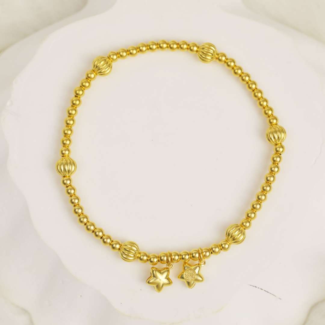 IBELOVE 足金999 古法小米珠双星手串百搭时尚女神节礼物