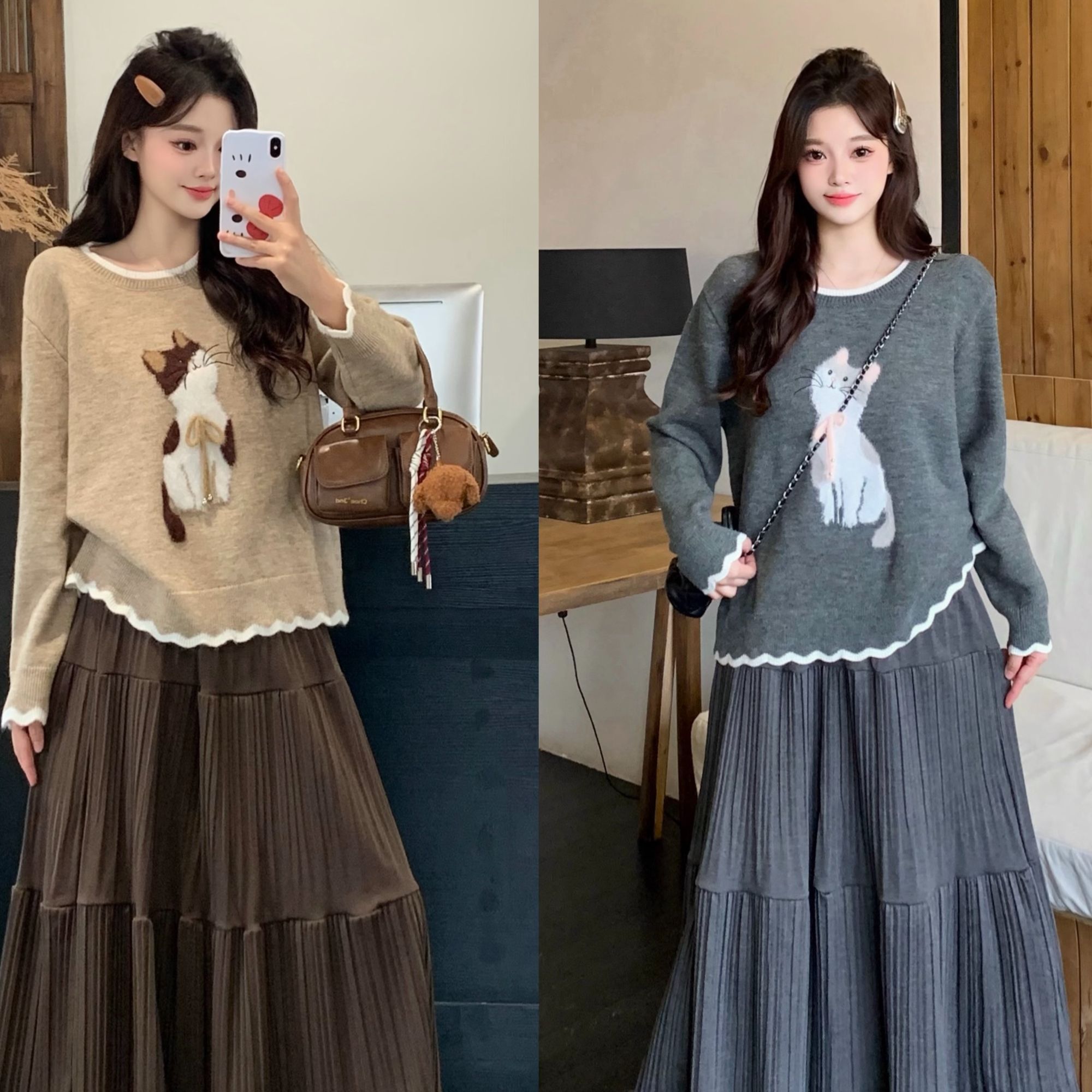 2025秋冬胖mm大码女甜美慵懒风绣花小猫软糯毛织长袖上衣72101