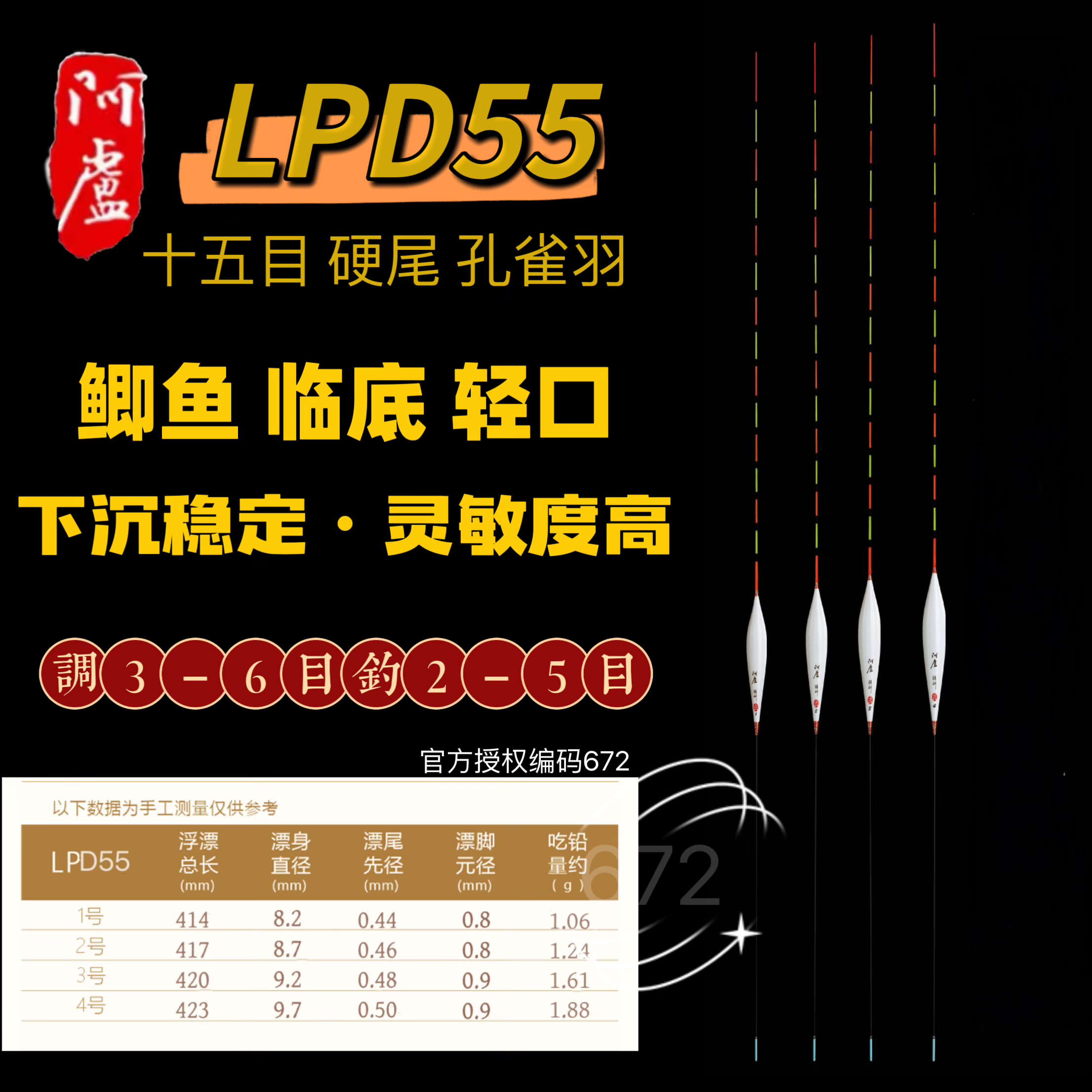阿卢正品浮漂d55黑坑竞技鲫鱼 轻滑口底接临底灵敏度高孔雀羽鱼漂