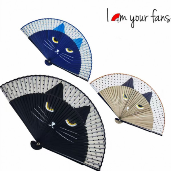 日本烤瓷边骨卡通龙猫折扇喷绘猫咪头像扇
