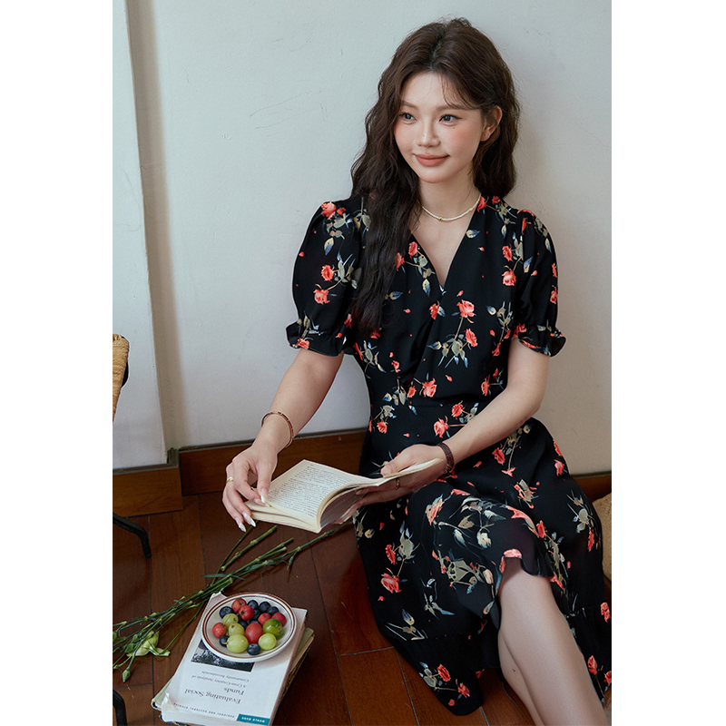 五季家大码气质微胖碎花显瘦遮肉收腰中长款韩系连衣裙ZL96140