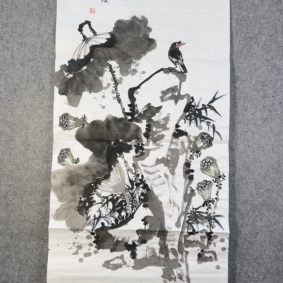 国画783 花鸟在树丛的顶端鸣叫叫声