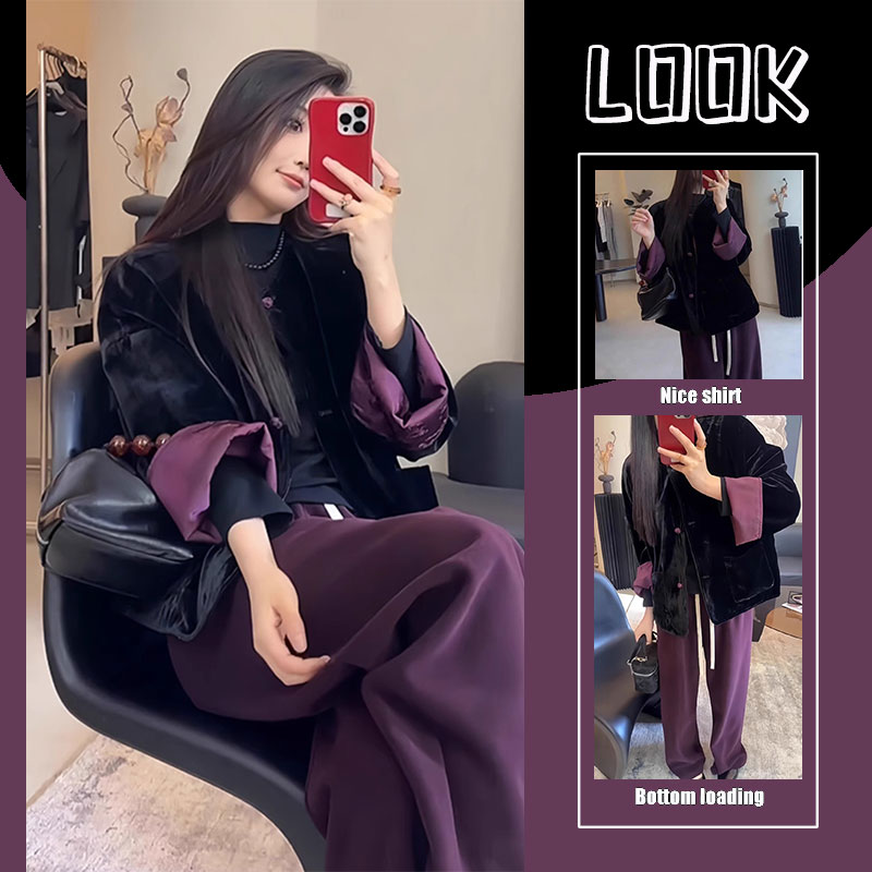 春季新款复古新中式丝绒拼接外套2025气质显瘦上衣阔腿裤子两件套
