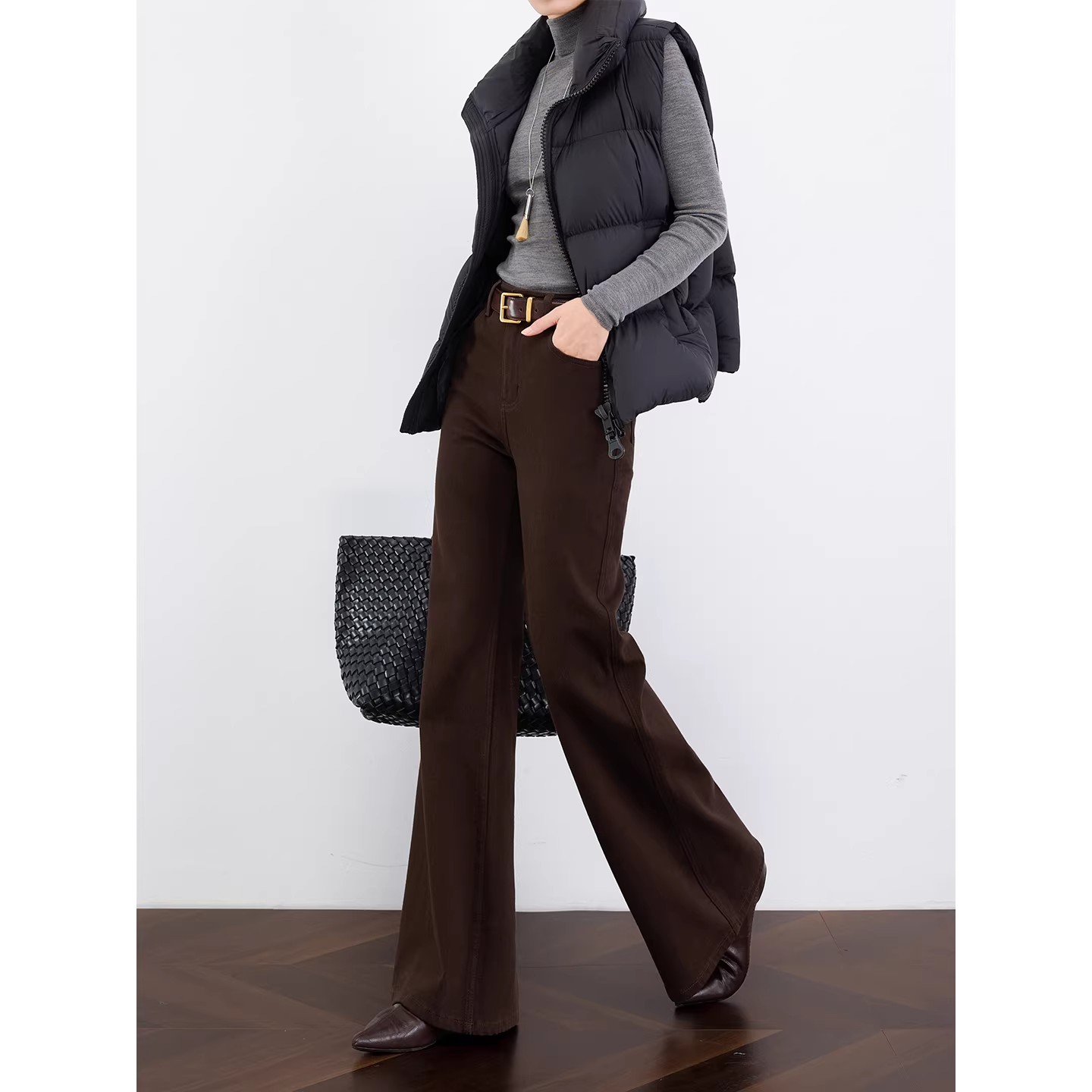 【过款5】四面弹棕色牛仔裤女秋冬直筒显瘦加绒喇叭裤