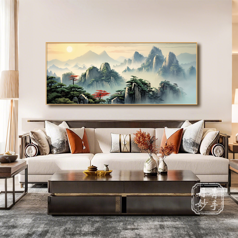 新中式旭日东升好寓意客厅沙发背景墙装饰画背有靠山挂画