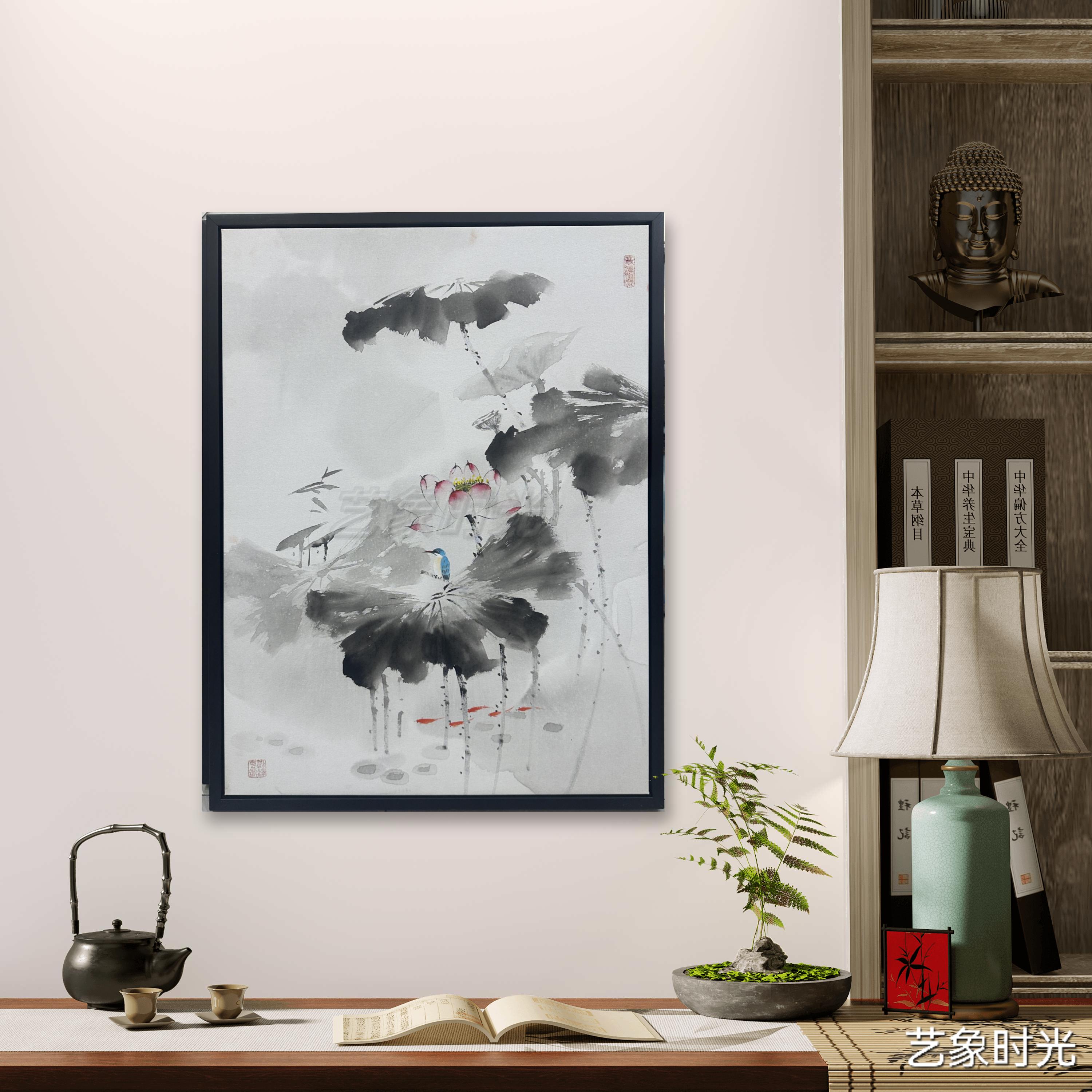 【水墨荷花】纯手绘水墨油画客厅办公室沙发背景墙装饰挂画