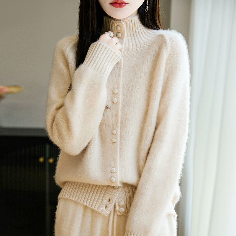 2025新款加厚100纯羊毛衫半高领针织开衫包扣立领翻领毛衣外套女