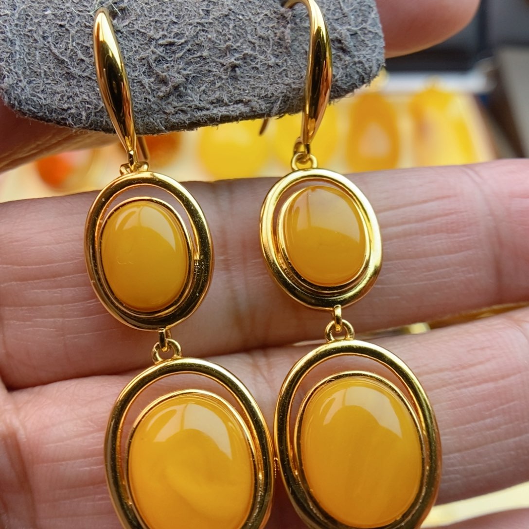 琥珀耳饰银S925镀金镶嵌