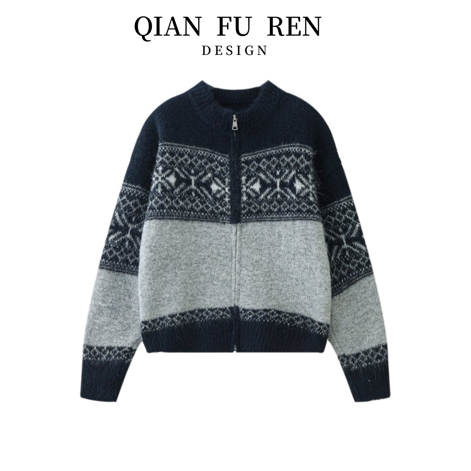 【钱夫人原版】羊毛混纺费尔岛韩系撞色针织开衫外套高级感秋冬软糯