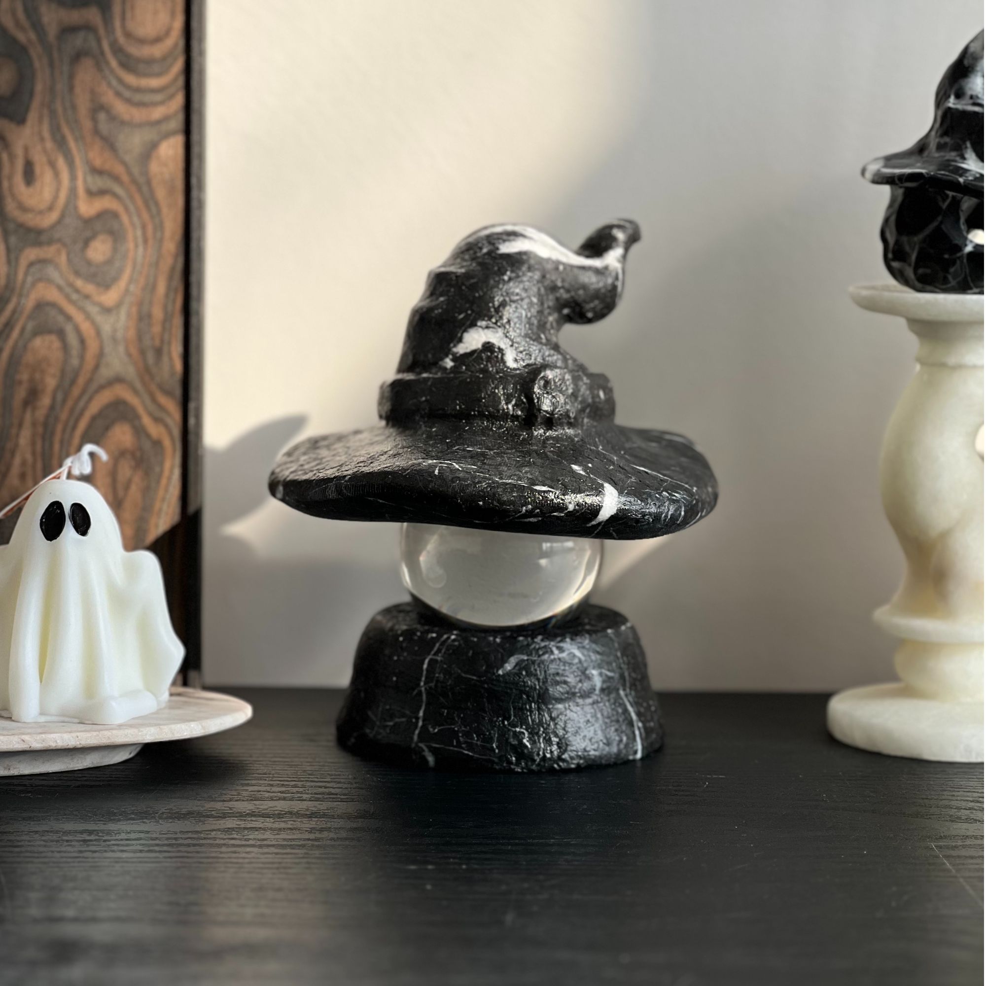 集石|天然宝格丽黑大理石巫师灯摆件配水晶球创意家居装饰摆件