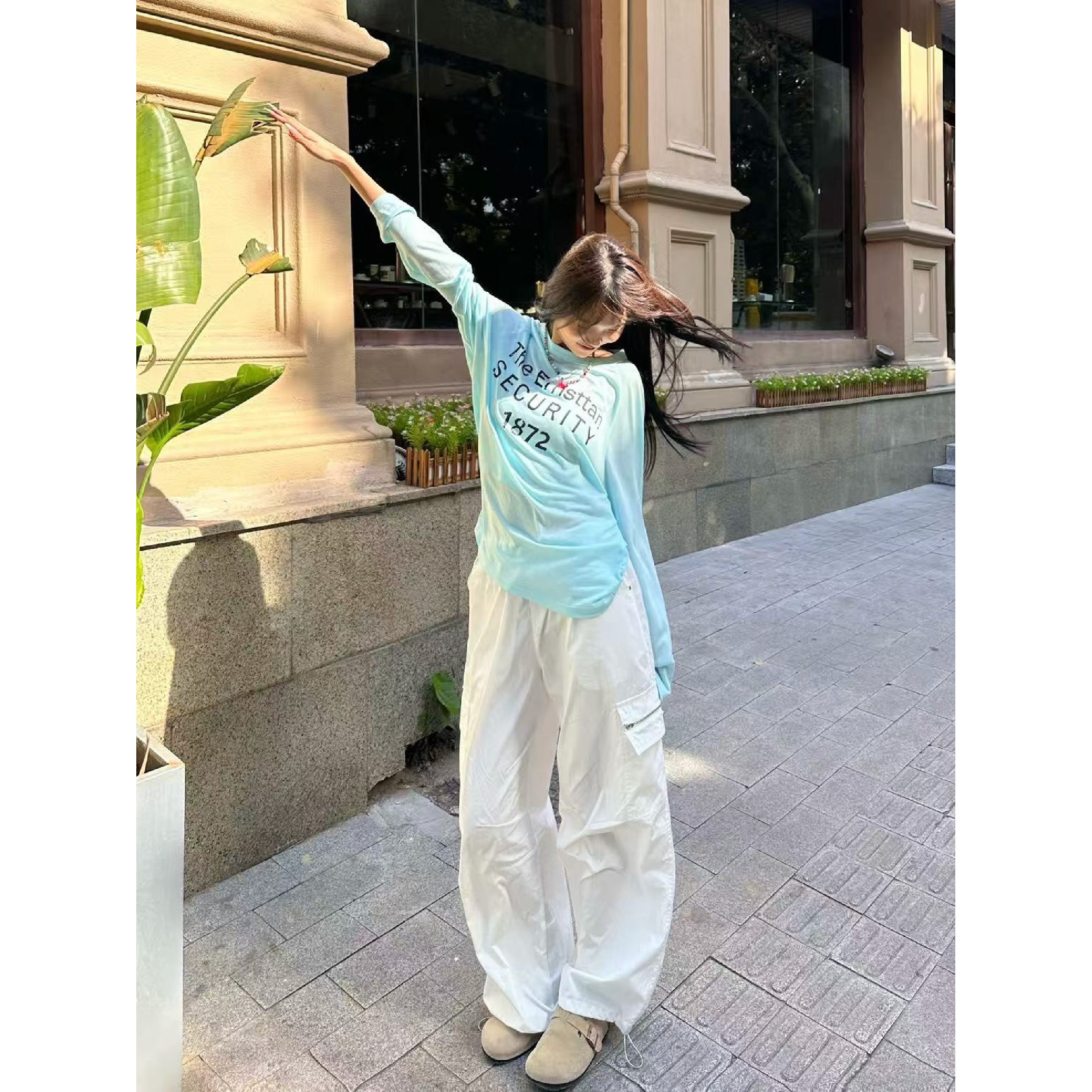 学院风白色休闲裤阔腿裤长裤百搭运动裤工装裤夏季潮流伞兵裤