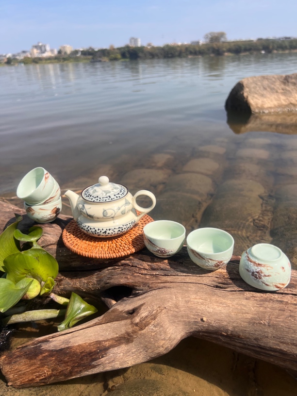 库存90年代老艺人釉下手绘一壶六个茶杯