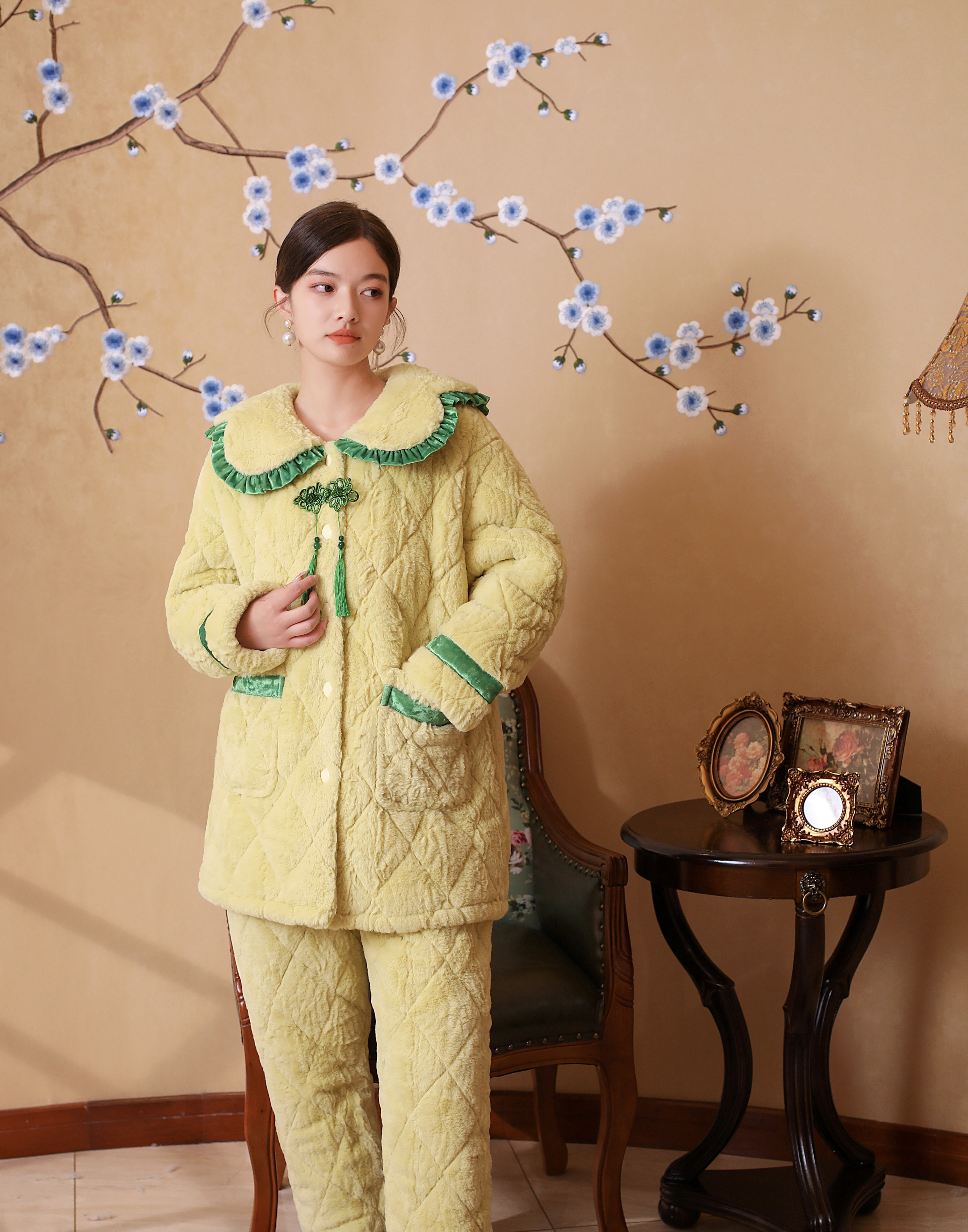【0289鹅黄中国结】女士三层夹棉加厚睡衣女冬中国风保暖外穿家居服