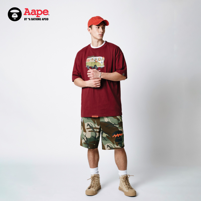 Aape旗舰店男装25春夏猿人军团印花露营巴士宽松潮流T恤1617XXO