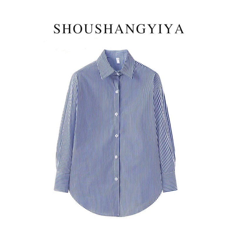 翻领蓝色条纹牛仔女士衬衣气质休闲时尚衬衫百搭上衣长袖宽松衬衣