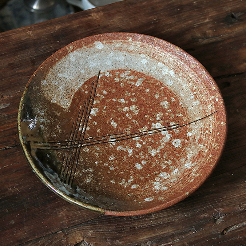日本进口工志野烧雪花粗陶盘高端菜盘家用餐具粗陶灰釉くし目8.0皿