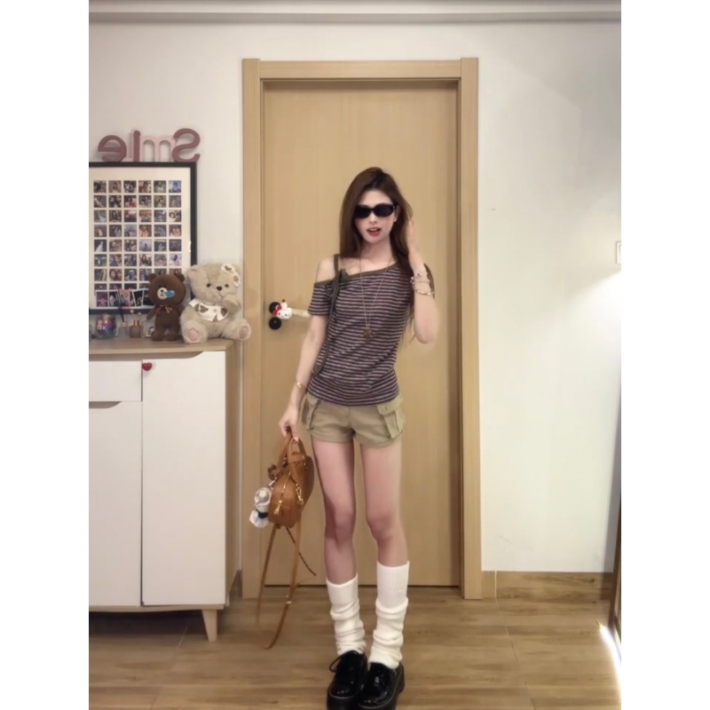 辣妹复古卡其色牛仔短裤女夏季2025年新款小个子高腰遮肉热辣短裤