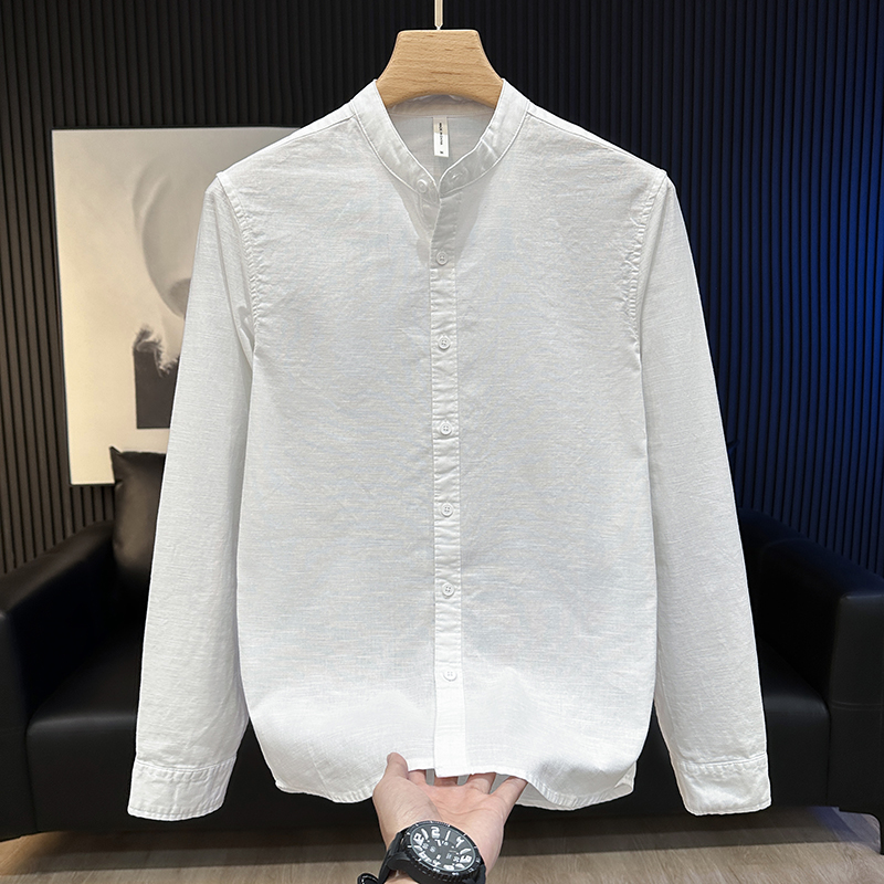 春秋季纯色立领长袖衬衫男宽松休闲百搭帅气棉麻日系男装衬衣外套