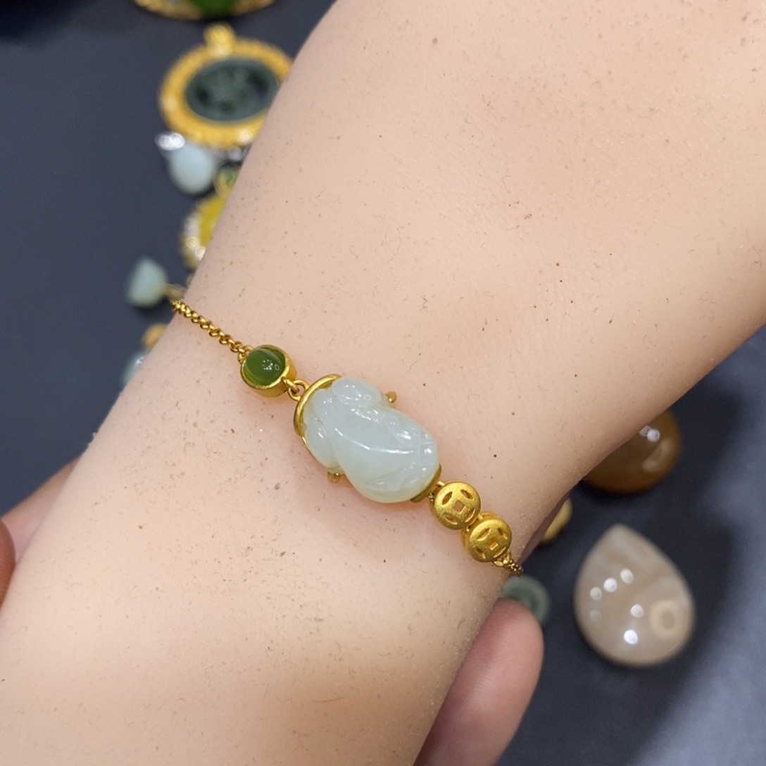 和田玉手链银S925镀金镶嵌