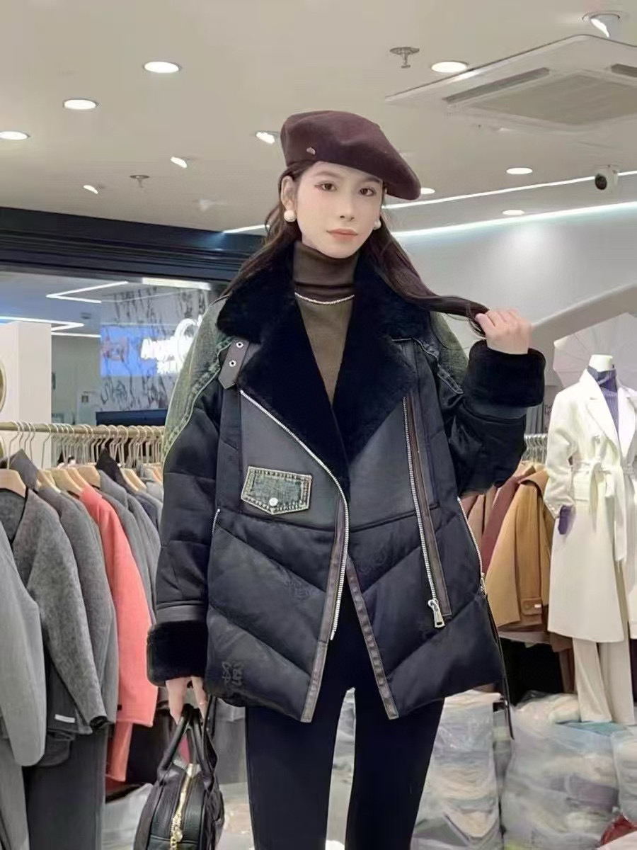 高品2024皮毛一体桑蚕丝缎面中长款牛仔白鹅加厚