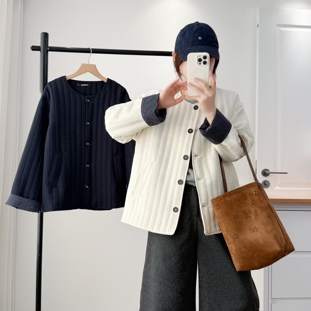 遇见--110-200斤短外套气质极简百搭圆领长袖秋季上衣短款小香风