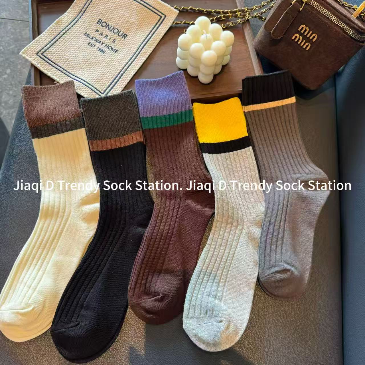 韩国东大门袜子女中筒柠檬黄撞色袜口潮色拼接复古堆堆袜