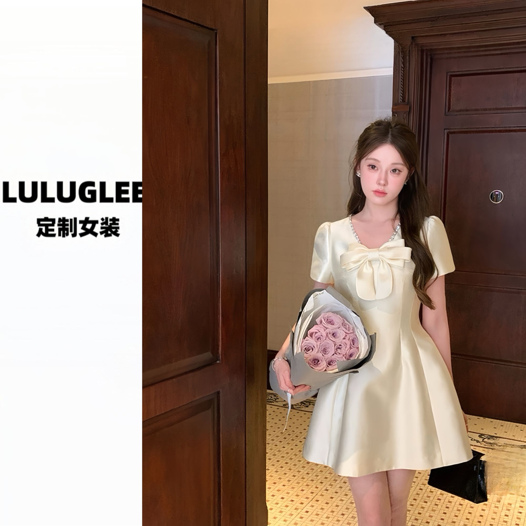 MIU系甜妹 蝴蝶结V领收腰连衣裙夏短款法式千金感生日礼裙