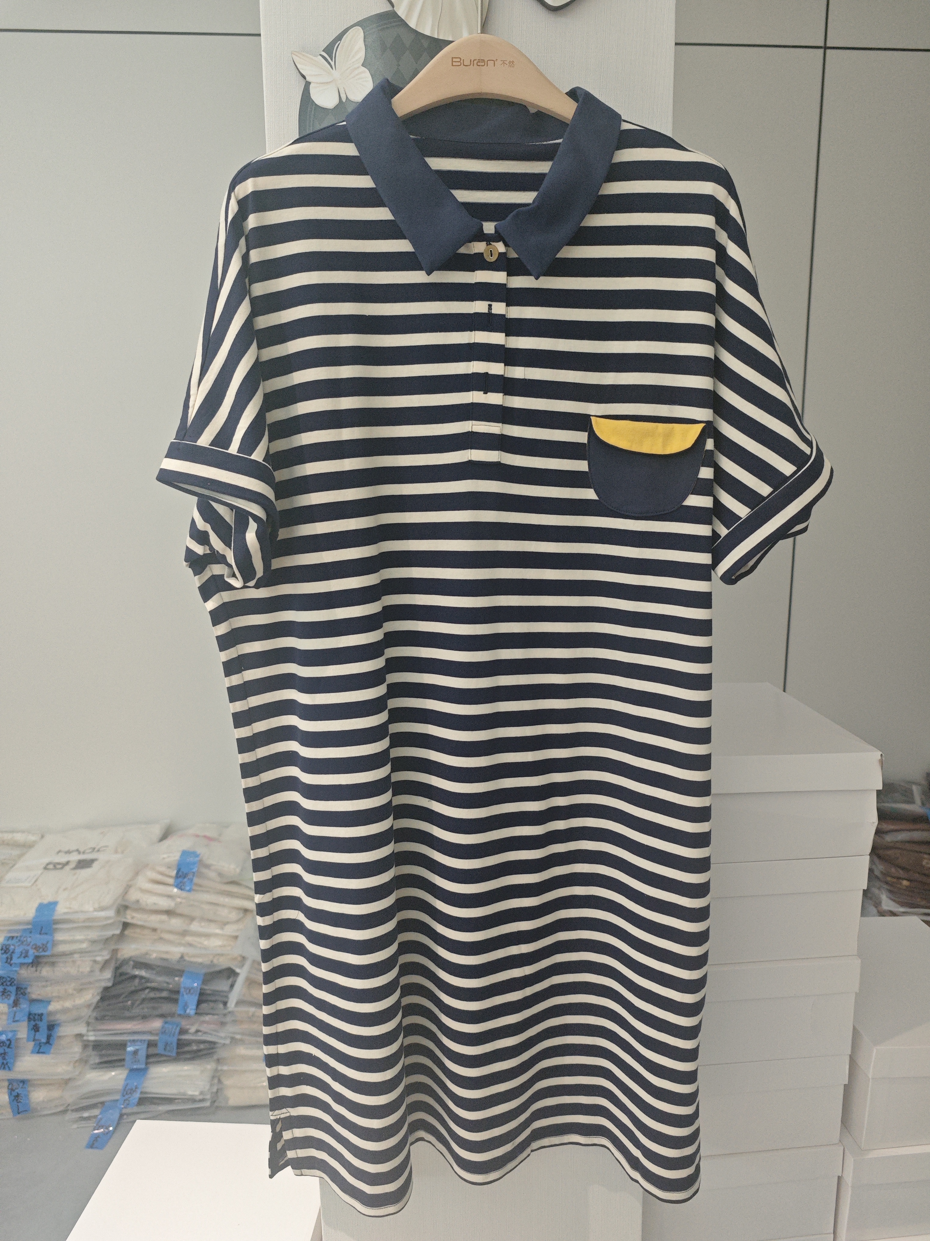 y3116夏季宽松中长款短袖翻领polo领条纹T恤裙连衣裙