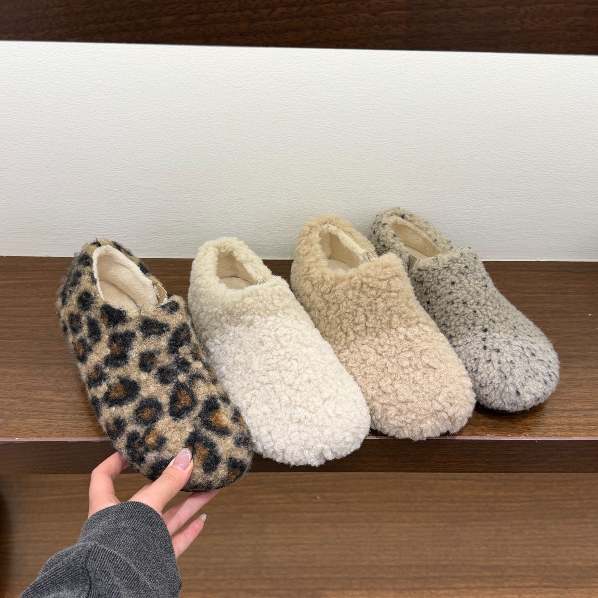 小众设计感一脚蹬平底毛毛鞋女外穿秋冬豆豆鞋保暖加绒豹纹棉瓢鞋
