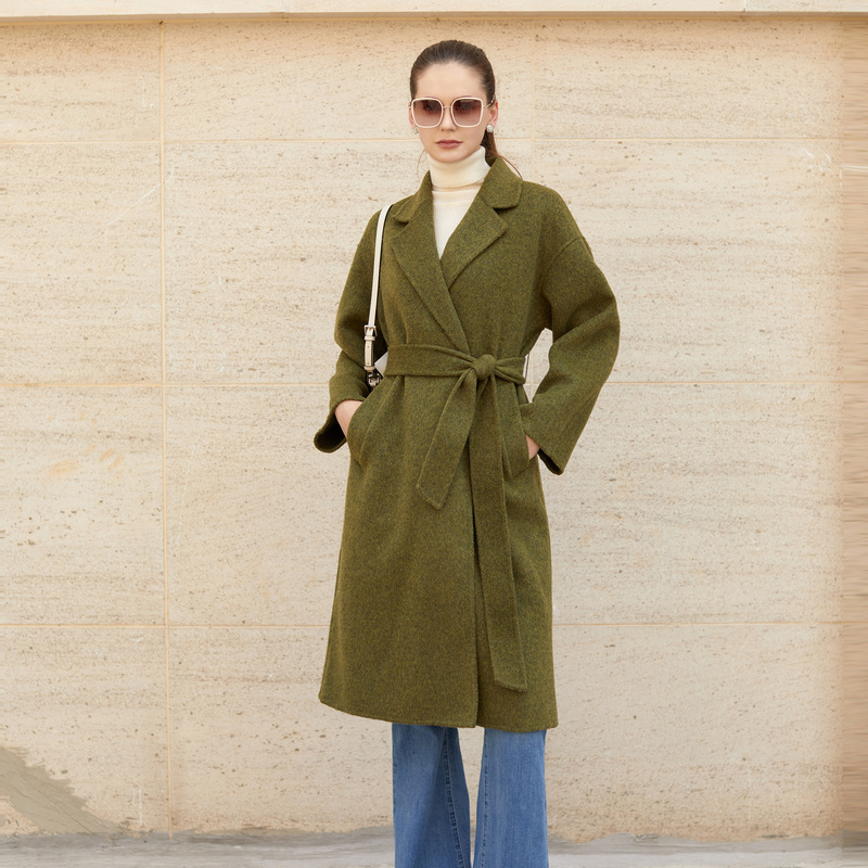 【粉丝专享】圣迪奥女装休闲西装领收腰长款毛呢大衣S23462503