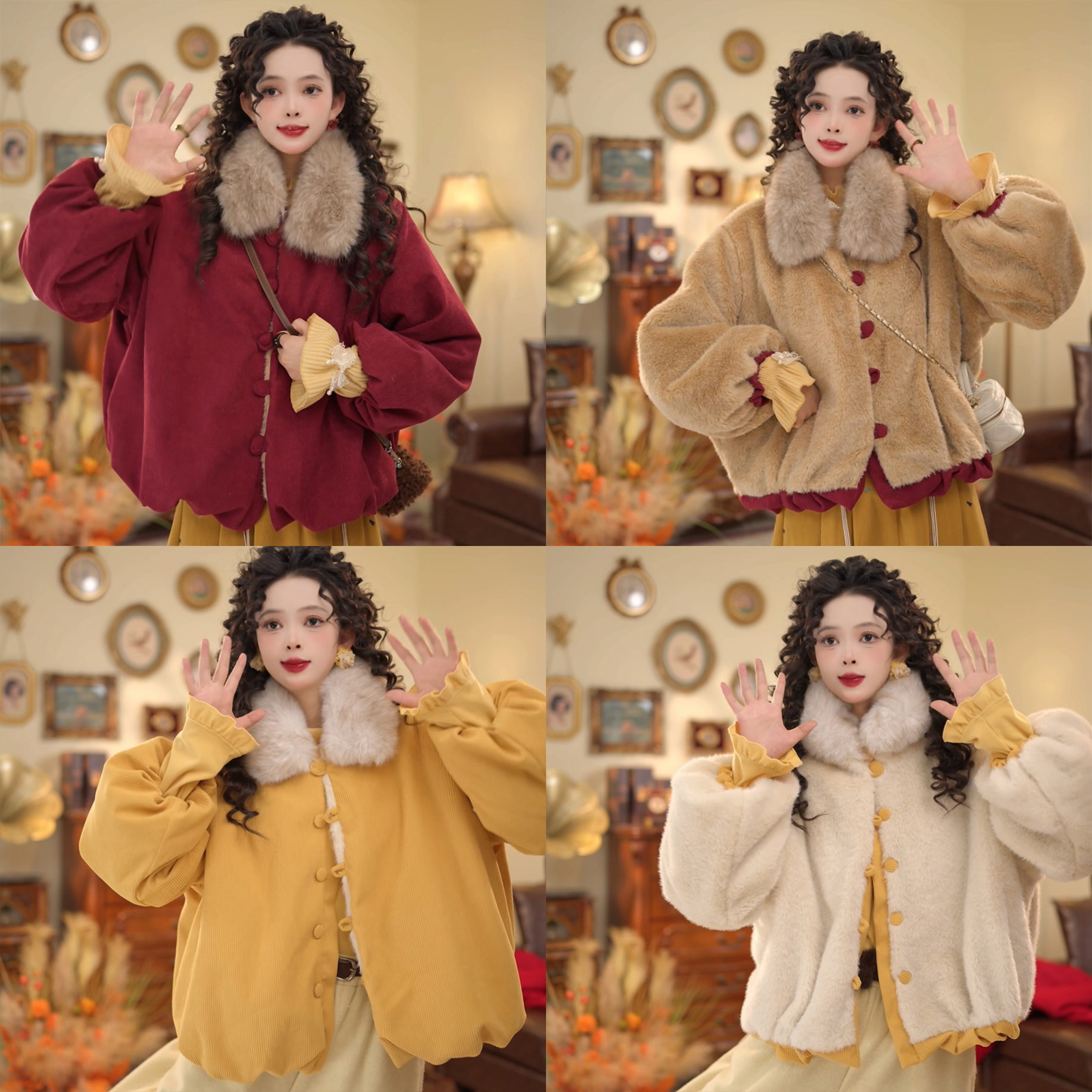 扣子家【绒绒暖意】带毛领 两面穿加绒厚款冬季保暖外套KQ5269343