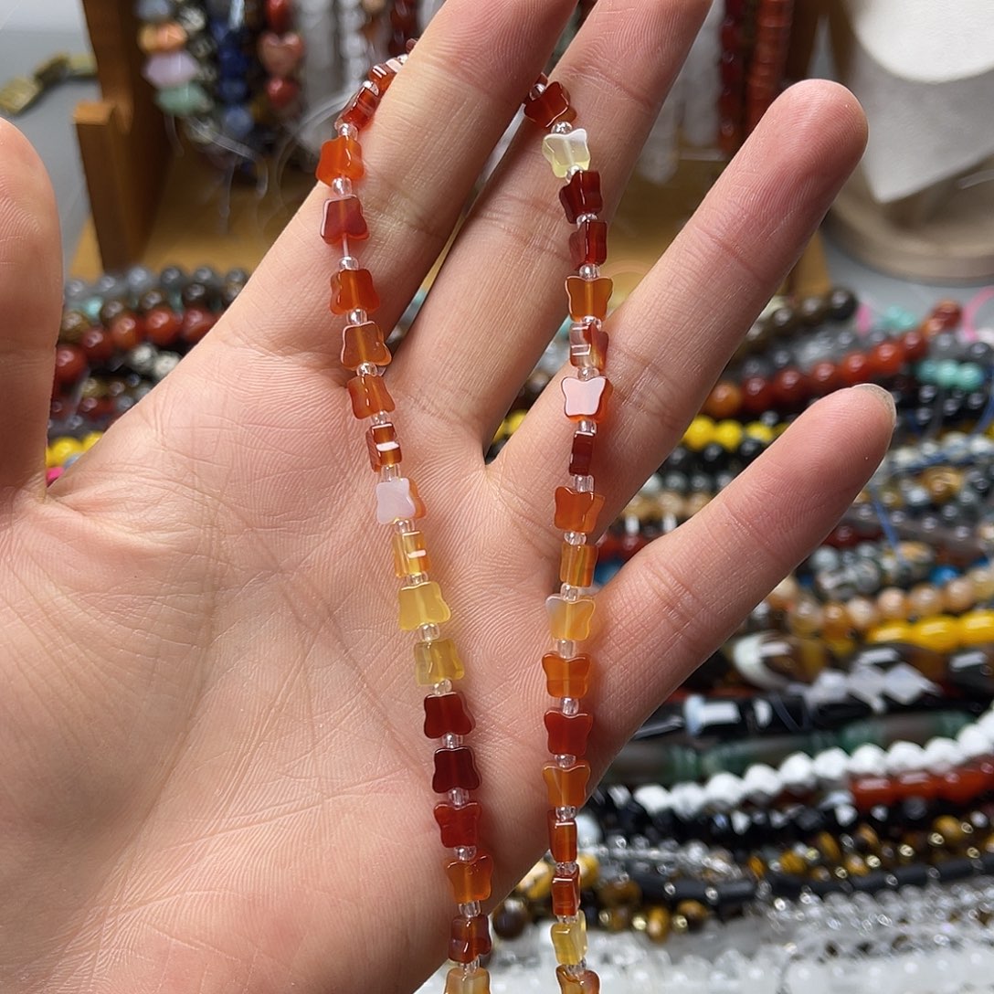 玛瑙/玉髓未镶嵌珠宝半成品卡7红玛蝴蝶一条