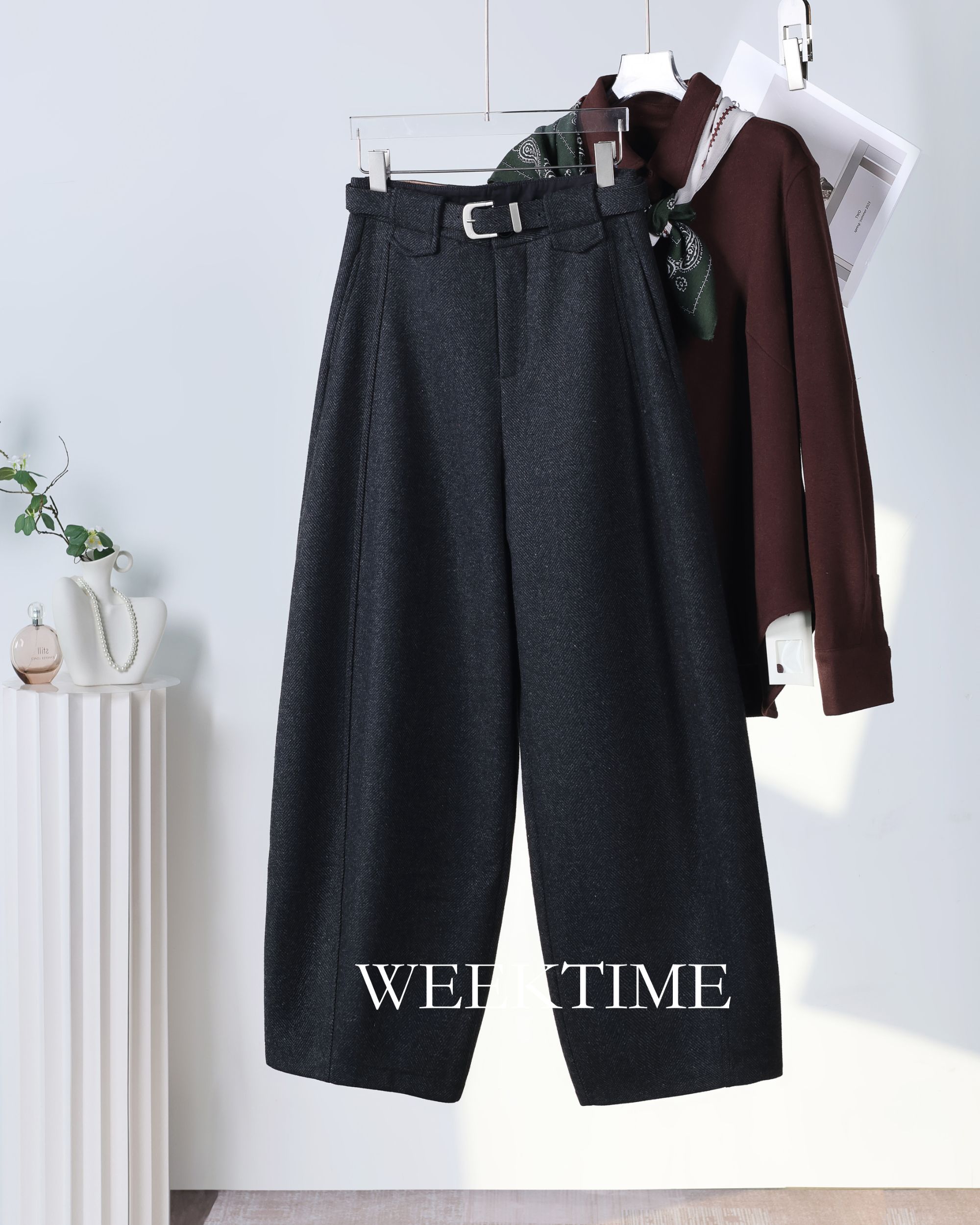 【流线廓形裤】阔腿弯刀裤高腰冬季加绒毛呢休闲裤S54W9288K