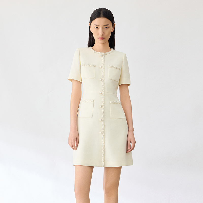 LANCY/朗姿夏季新款短袖圆领气质短款裙子收腰小香风连衣裙女