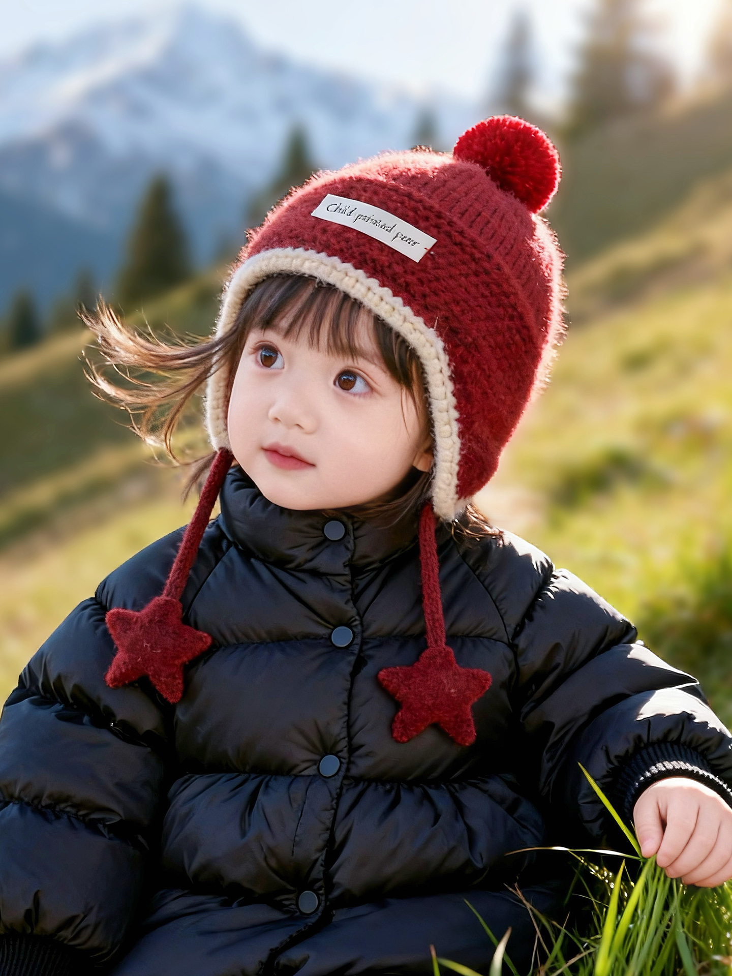 宝宝帽子冬天红色新年帽加厚保暖儿童针织护耳帽婴幼儿套头毛线帽