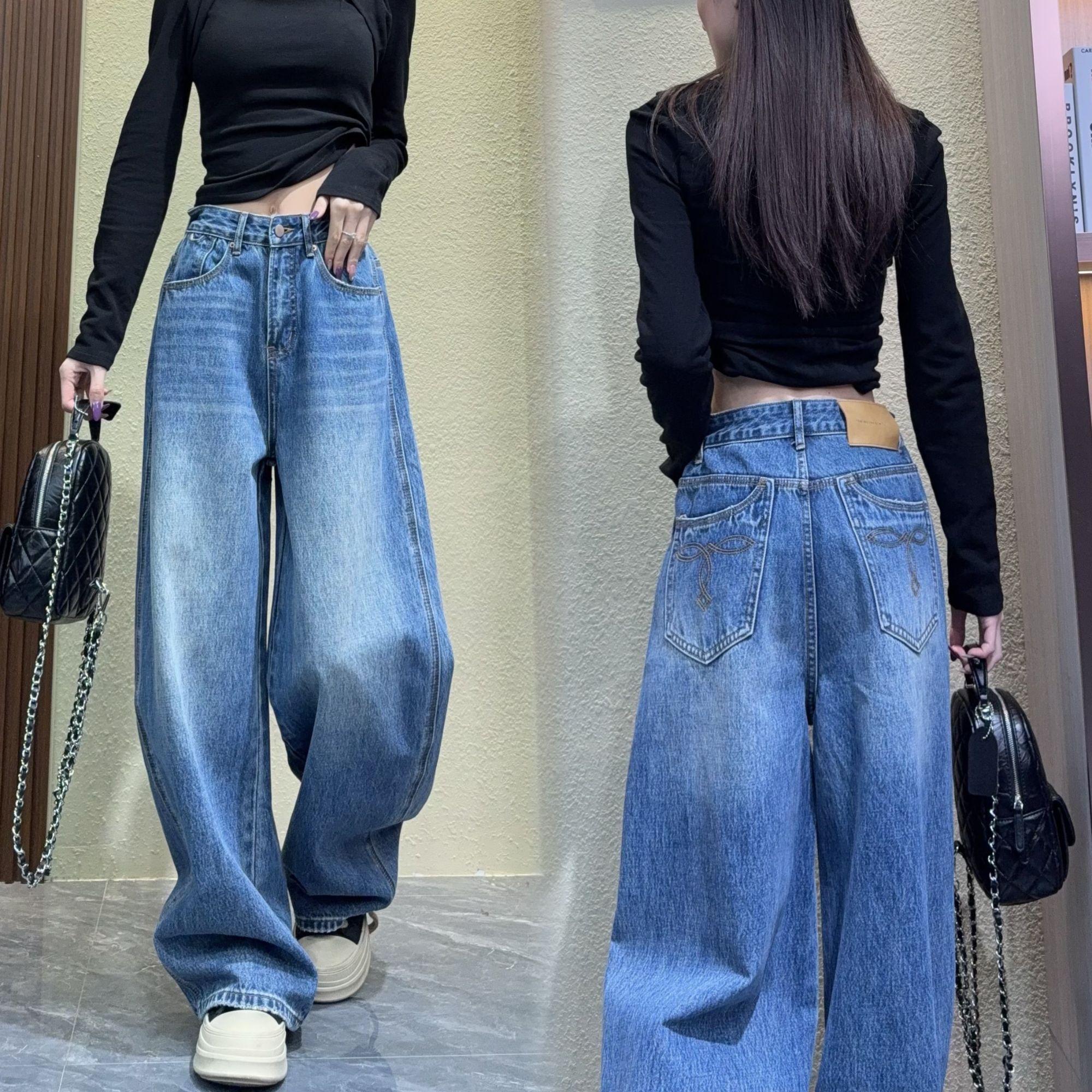 高端女装25新款休闲百搭水洗做旧高腰阔腿弯刀牛仔长裤9197