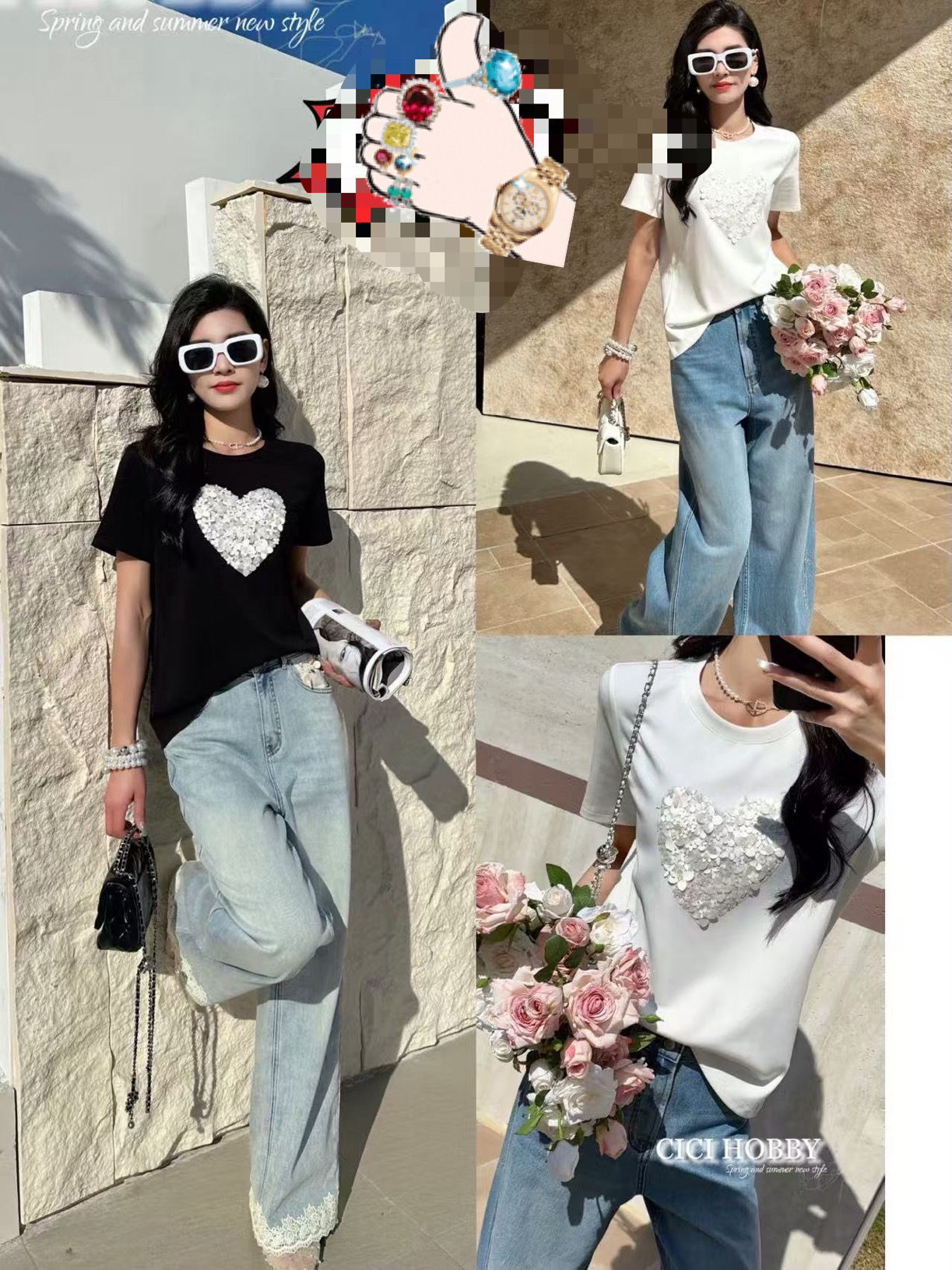 以秀（CiCi）重工花朵爱心短袖上衣2039