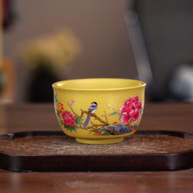 6281宜兴紫砂茶具黄金段泥泥料牡丹花鸟主人杯YY170cc左右