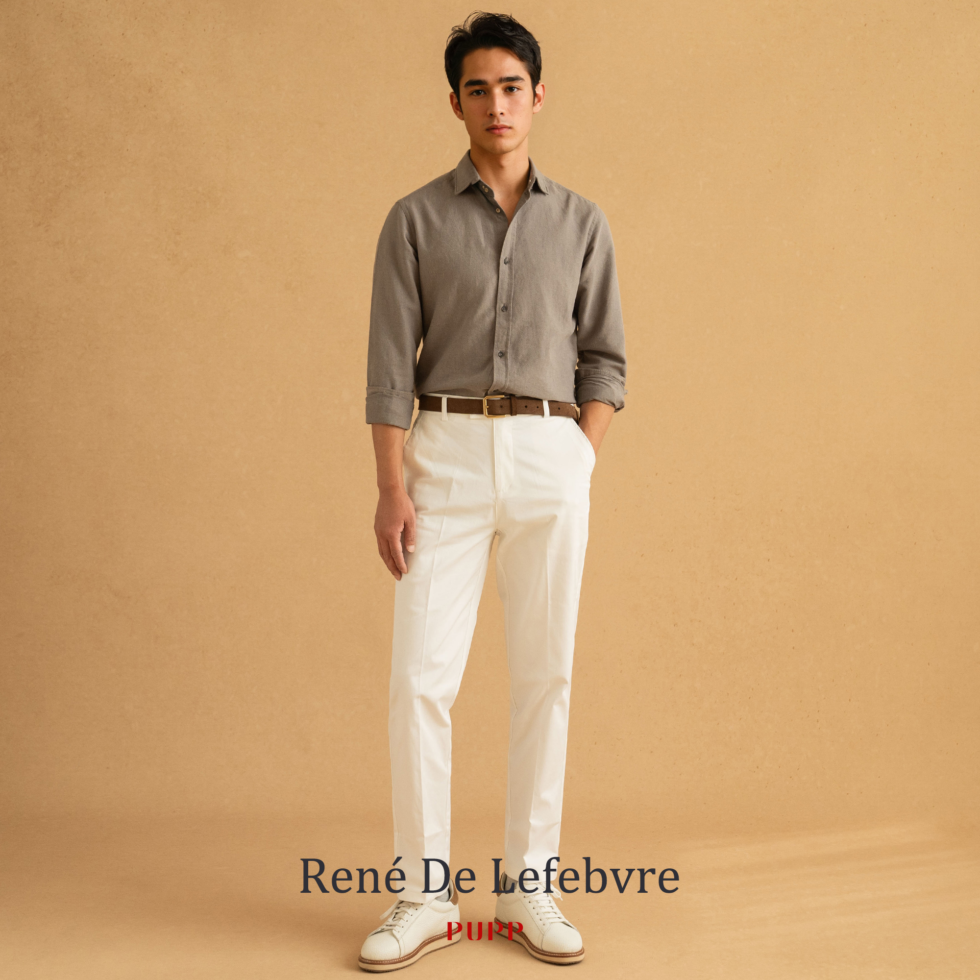 René De Lefebvre春秋季棉质纯棉垂感裤线直筒男士休闲白灰色裤子
