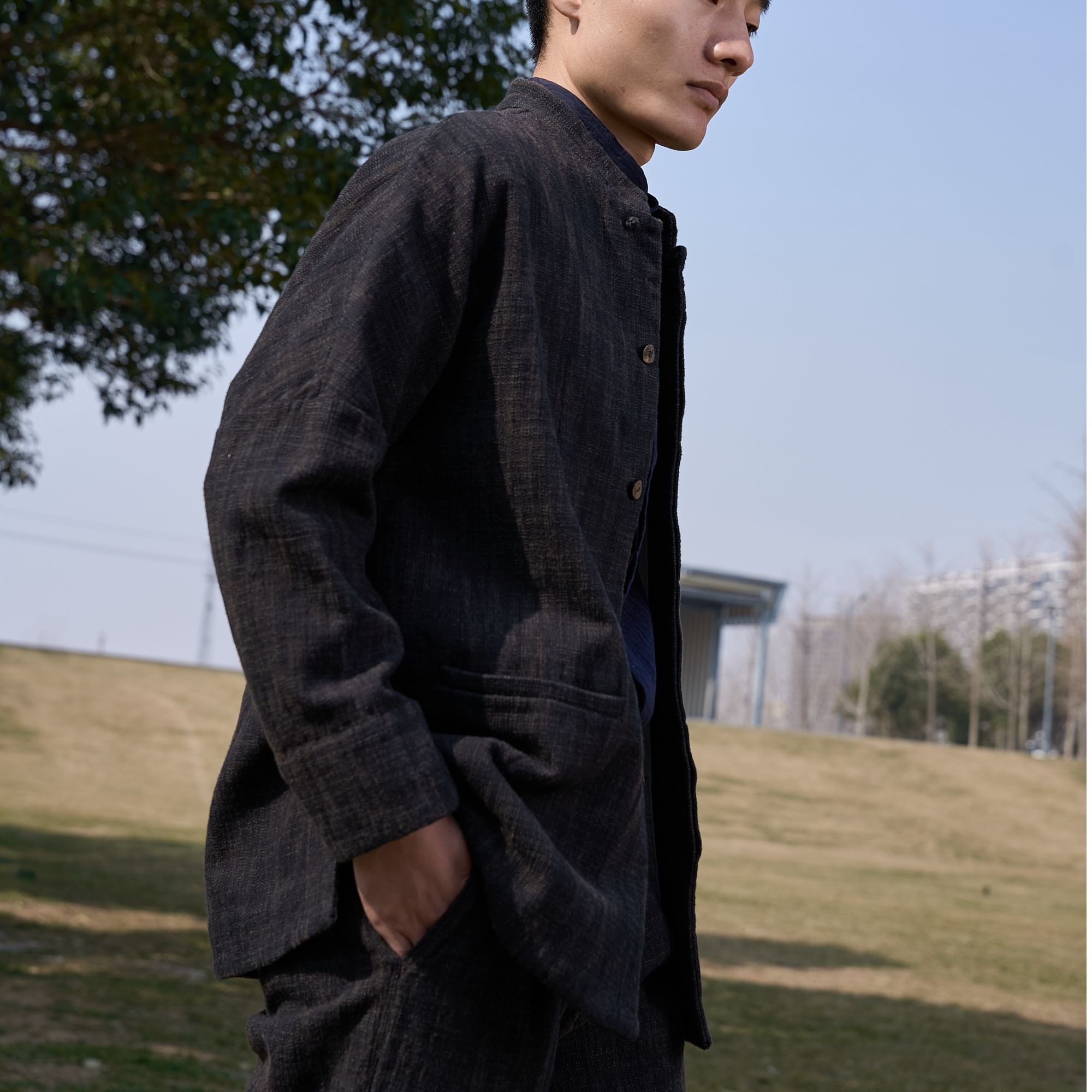 慈航布衣新中式手工盘扣暗襟咖啡色外套